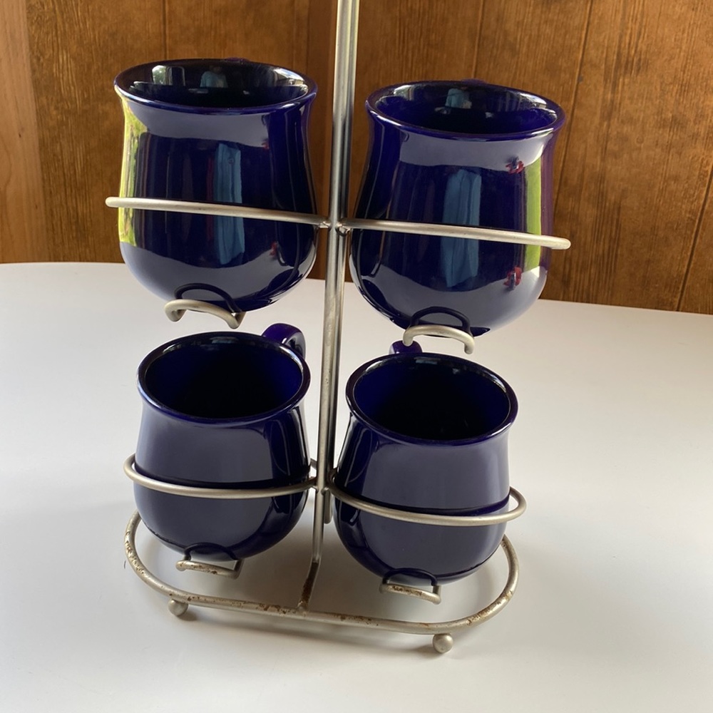 Set of 4 blue cups and stand